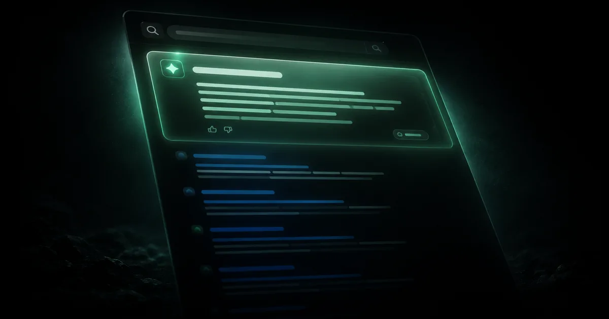 Pantalla de búsqueda de Google con un panel de AI Overview destacado en verde sobre resultados orgánicos en segundo plano