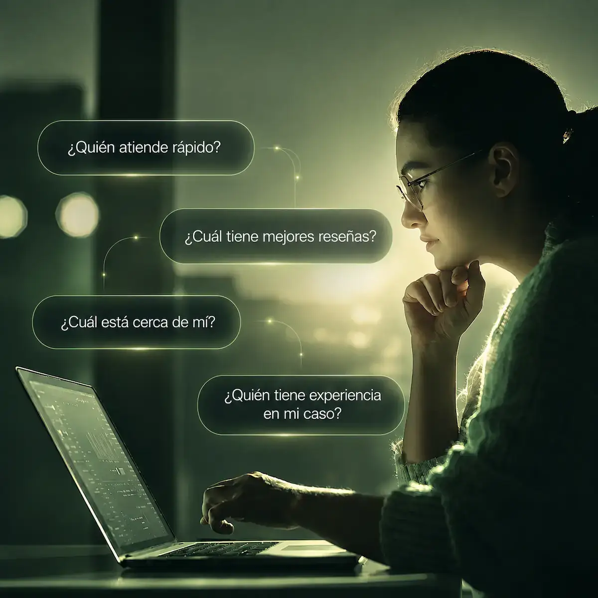 Mujer trabajando en laptop analizando datos, representa cómo Vixible analiza la visibilidad en IA